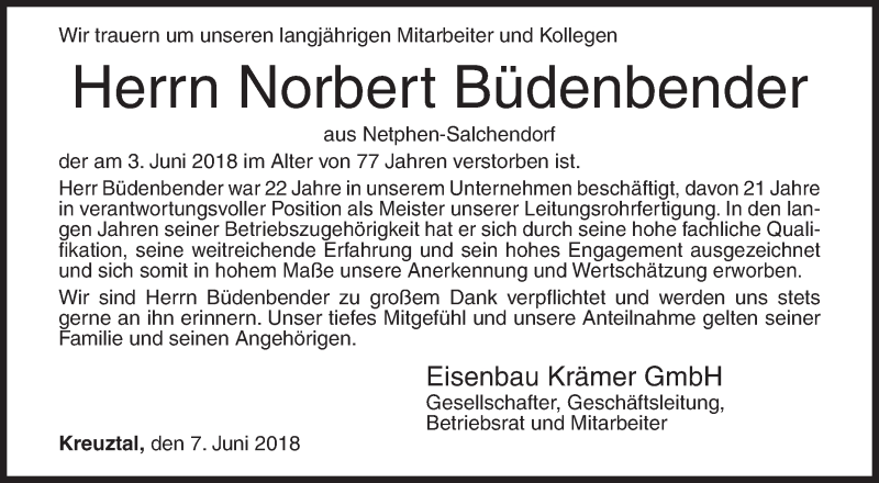  Traueranzeige für Norbert Büdenbender vom 07.06.2018 aus Siegener Zeitung