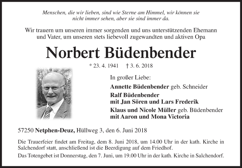  Traueranzeige für Norbert Büdenbender vom 06.06.2018 aus Siegener Zeitung
