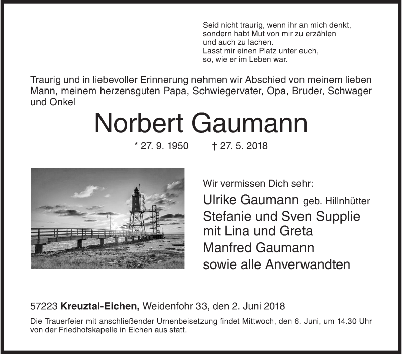  Traueranzeige für Norbert Gaumann vom 02.06.2018 aus Siegener Zeitung
