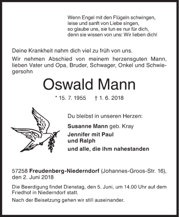Traueranzeige von Oswald Mann von Siegener Zeitung