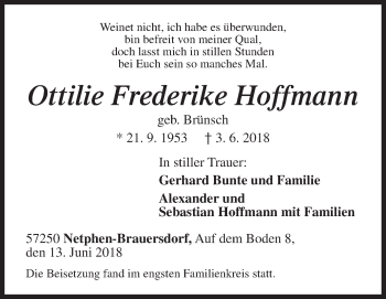 Traueranzeige von Ottilie Frederike Hoffmann von Siegener Zeitung