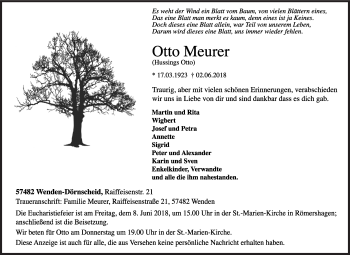 Traueranzeige von Otto Meurer von Siegener Zeitung