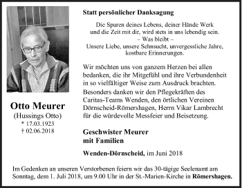 Traueranzeige von Otto Meurer von Siegener Zeitung