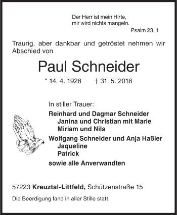 Traueranzeige von Paul Schneider von Siegener Zeitung