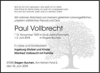 Traueranzeige von Paul Vollbrecht von Siegener Zeitung