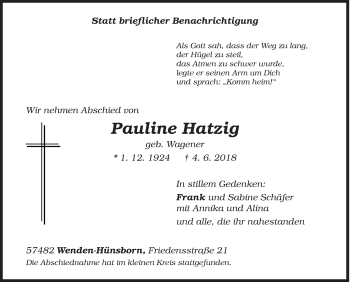 Traueranzeige von Pauline Hatzig von Siegener Zeitung