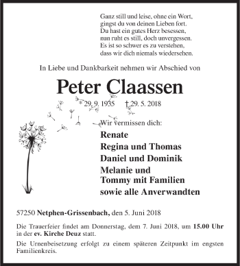 Traueranzeige von Peter Claassen von Siegener Zeitung