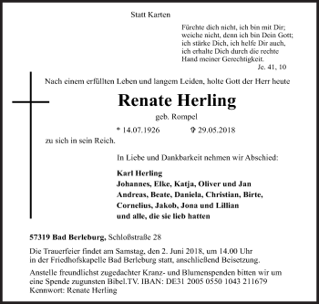 Traueranzeige von Renate Herling von Siegener Zeitung