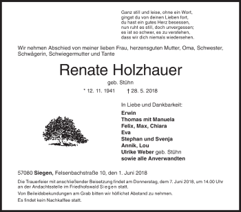 Traueranzeige von Renate Holzhauer von Siegener Zeitung
