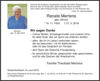 Traueranzeige von Renate Mertens von Siegener Zeitung