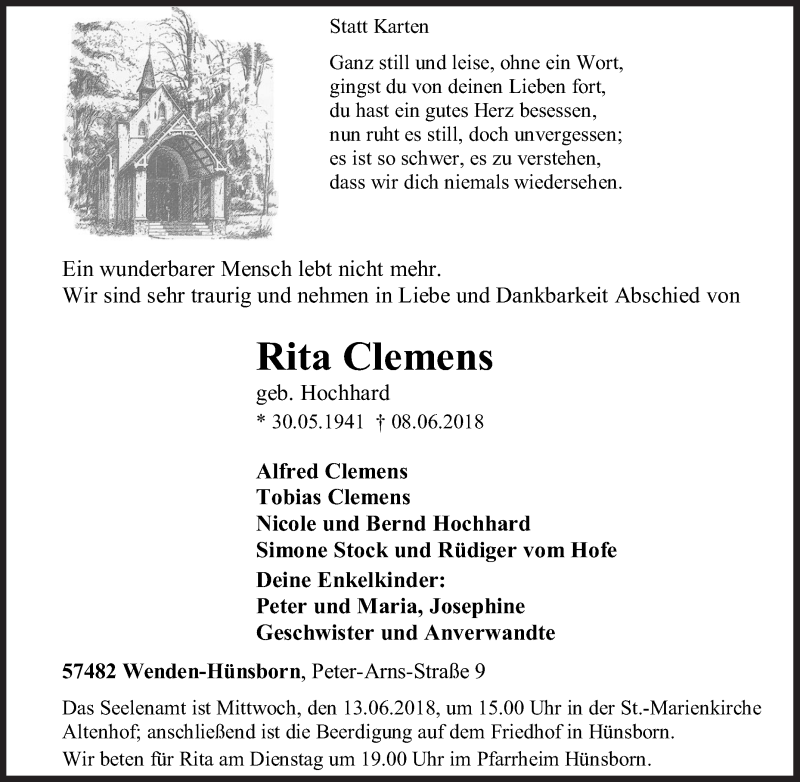  Traueranzeige für Rita Clemens vom 11.06.2018 aus Siegener Zeitung