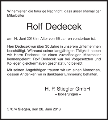 Traueranzeige von Rolf Dedecek von Siegener Zeitung