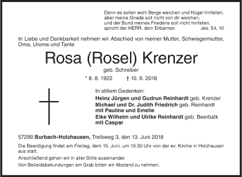 Traueranzeige von Rosa  Krenzer von Siegener Zeitung