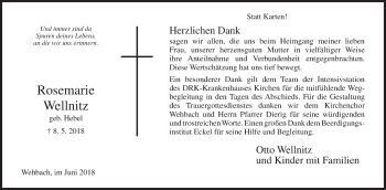 Traueranzeige von Rosemarie Wellnitz von Siegener Zeitung