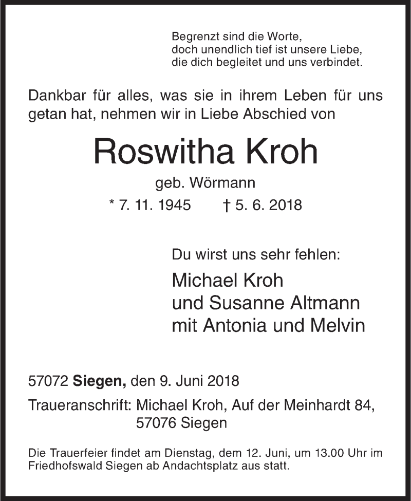  Traueranzeige für Roswitha Kroh vom 09.06.2018 aus Siegener Zeitung