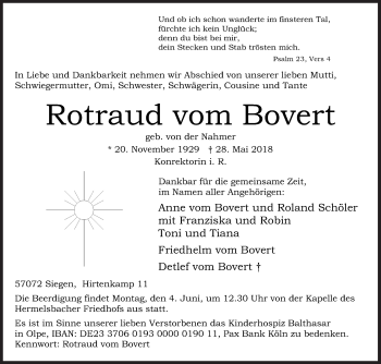 Traueranzeige von Rotraud vom Bovert von Siegener Zeitung