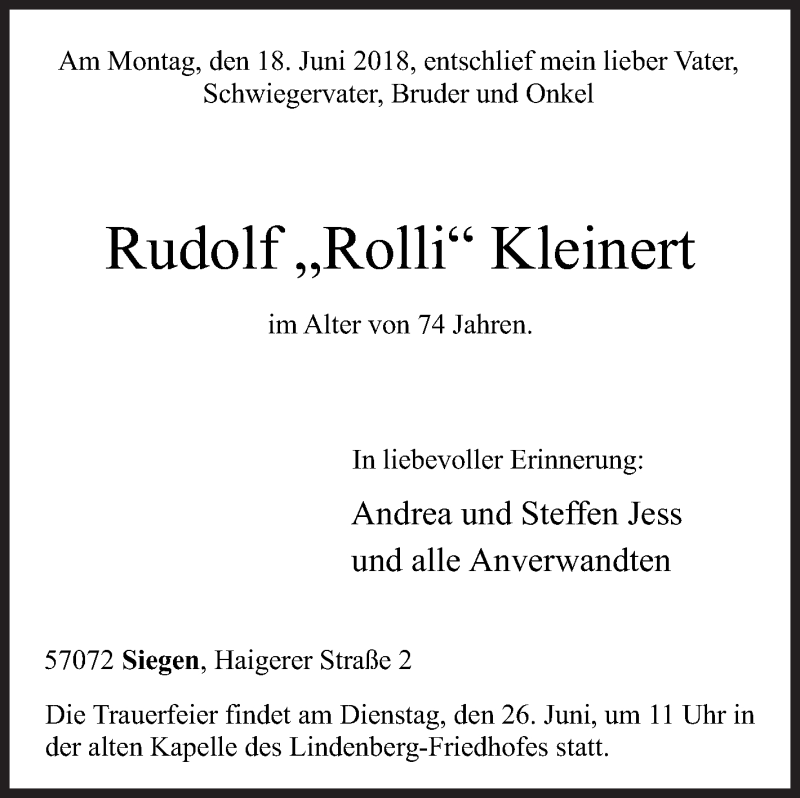  Traueranzeige für Rudolf Kleinert vom 22.06.2018 aus Siegener Zeitung