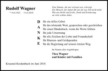 Traueranzeige von Rudolf Wagner von Siegener Zeitung