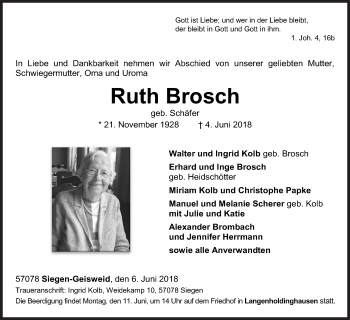 Traueranzeige von Ruth Brosch von Siegener Zeitung