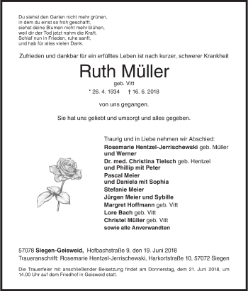 Traueranzeige von Ruth Müller von Siegener Zeitung