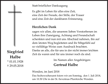 Traueranzeige von Siegfried Halbe von Siegener Zeitung