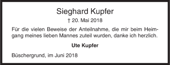 Traueranzeige von Sieghard Kupfer von Siegener Zeitung
