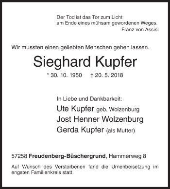 Traueranzeige von Sieghard Kupfer von Siegener Zeitung