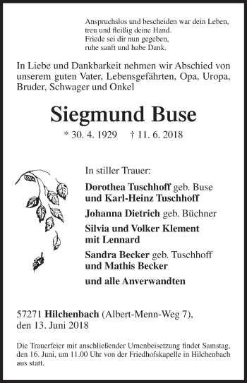 Traueranzeige von Siegmund Buse von Siegener Zeitung