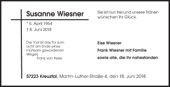Traueranzeige von Susanne Wiesner von Siegener Zeitung