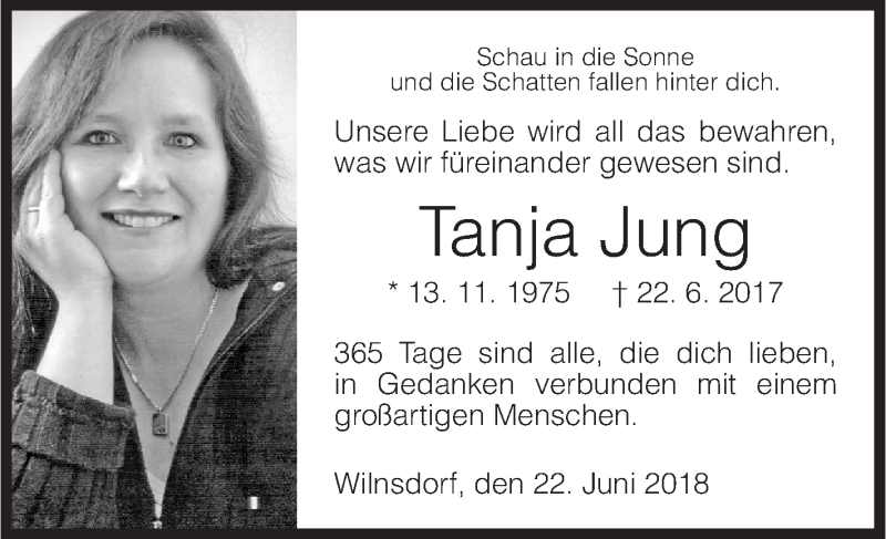  Traueranzeige für Tanja Jung vom 22.06.2018 aus Siegener Zeitung
