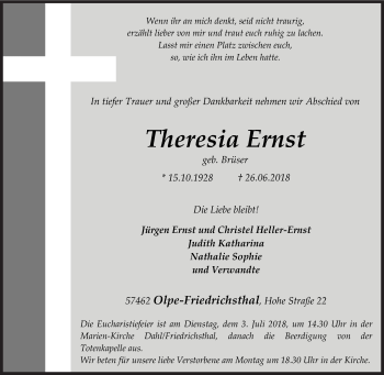 Traueranzeige von Theresia Ernst von Siegener Zeitung