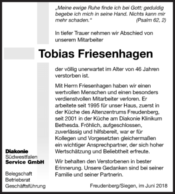 Traueranzeige von Tobias Friesenhagen von Siegener Zeitung