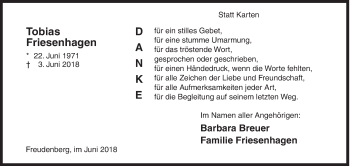 Traueranzeige von Tobias Friesenhagen von Siegener Zeitung
