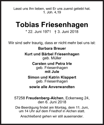 Traueranzeige von Tobias Friesenhagen von Siegener Zeitung