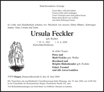 Traueranzeige von Ursula Feckler von Siegener Zeitung