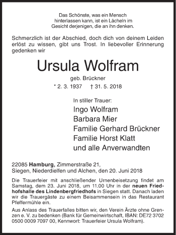 Traueranzeige von Ursula Wolfram von Siegener Zeitung