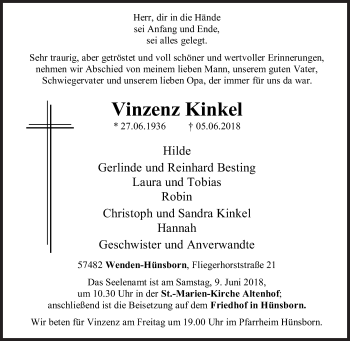 Traueranzeige von Vinzenz Kinkel von Siegener Zeitung