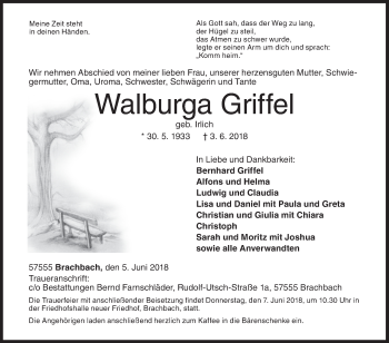 Traueranzeige von Walburga Griffel von Siegener Zeitung