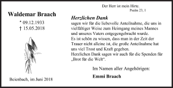Traueranzeige von Waldemar Braach von Siegener Zeitung
