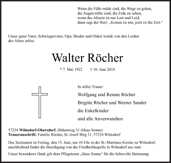 Traueranzeige von Walter Röcher von Siegener Zeitung