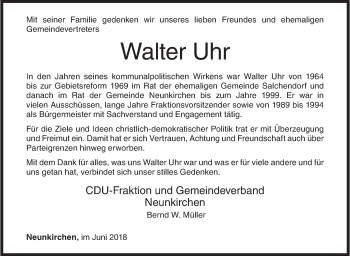 Traueranzeige von Walter Uhr von Siegener Zeitung