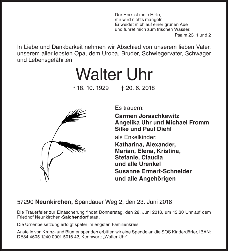  Traueranzeige für Walter Uhr vom 23.06.2018 aus Siegener Zeitung
