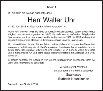 Traueranzeige von Walter Uhr von Siegener Zeitung