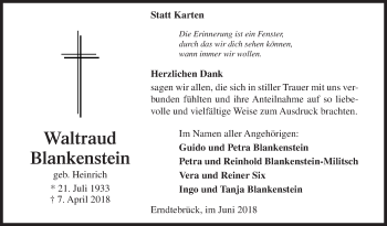 Traueranzeige von Waltraud Blankenstein von Siegener Zeitung