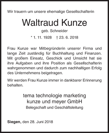 Traueranzeige von Waltraud Kunze von Siegener Zeitung