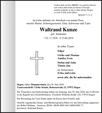 Traueranzeige von Waltraud Kunze von Siegener Zeitung