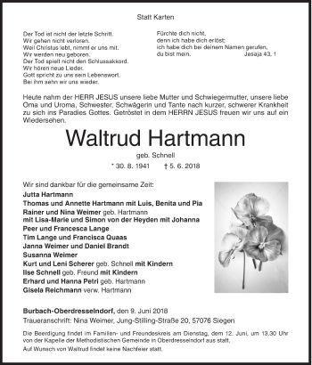 Traueranzeige von Waltrud Hartmann von Siegener Zeitung