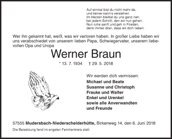 Traueranzeige von Werner Braun von Siegener Zeitung
