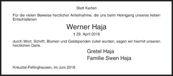 Traueranzeige von Werner Haja von Siegener Zeitung
