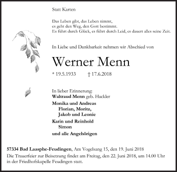 Traueranzeige von Werner Menn von Siegener Zeitung
